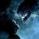 promotional image from Alien: Romulus showing a xenomorph facing Cailee Spaeny wreathed in smoke